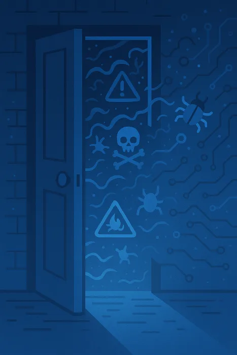 An open door to the internet, with malware and threats pouring through