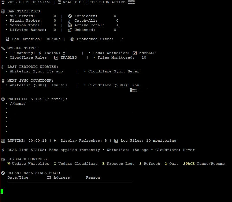Whitelist-Warden real-time terminal monitor showing ban statistics, module status and sync countdowns